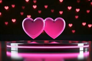 AI generated Love presentation Neon hearts, pink podium on dark reflective background photo