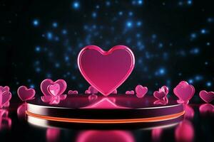 AI generated Valentines radiance Neon hearts, pink podium against dark reflective background photo