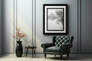 AI generated Contemporary aesthetic White painting, black chair in 3D interior mockup photo