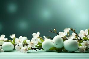 AI generated Easter serenity Light green background with eggs and flowers, tranquil scene photo