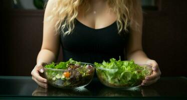 AI generated Fresh start Overweight woman focuses on weight loss, eating salad photo