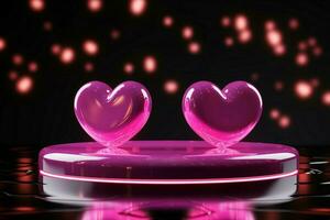 AI generated Radiant love scene Neon hearts, pink podium on reflective background photo