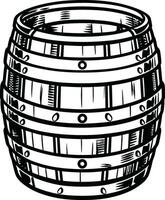 A black and white illustration of a wooden barrel in engraving style on a white background. vector