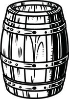 A black and white illustration of a wooden barrel in engraving style on a white background. vector