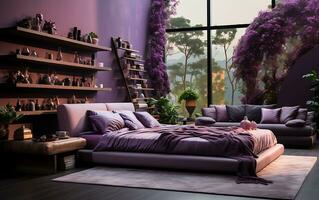 AI generated A purple deep and light color bedroom interior design photo