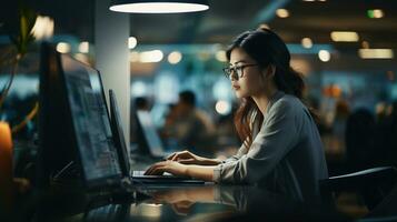 AI generated Asian female programming coder at workplace ai generated image wallpaper photo