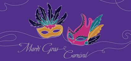 Continuous one line drawing of Mardi Gras Carnival mask. Carnival mask continuous line drawing. Festive two masks outline. Mardi Gras line art banner. vector