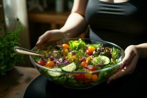 AI generated Diet lifestyle change Overweight woman opts for fresh homemade salad photo