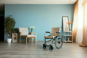 AI generated Empty room simplicity Wheelchair placed in a vacant space photo