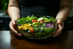 ai generado dieta estilo de vida cambio exceso de peso mujer opta para Fresco hecho en casa ensalada foto