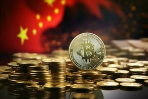 AI generated Asia market dynamics Stock investment with coin, China flag backdrop photo