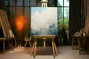 AI generated Contemporary art studio Wooden easel, blank canvas, a thriving artists sanctuary photo