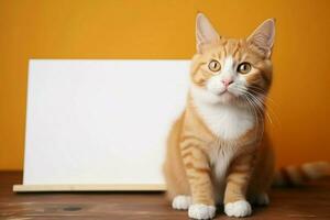 AI generated Endearing orange tabby poses with blank whiteboard, a playful feline photo