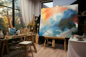 AI generated Creative haven Painting studio interior, blank canvas, modern artwork in progress photo