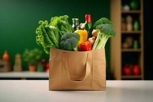 ai generado verde opciones Fresco vegetales en papel bolsa, promoviendo orgánico estilo de vida foto