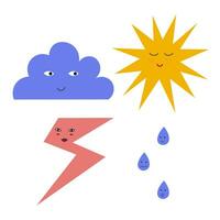 Weather sky symbols in cartoon style hand drawn cloud, sun, thunderstorm, sun, rain. Set with weathers meteorological condition icon  isolated flat vector illustration. Design elements for card, print