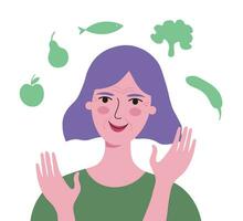 mayor mujer de Jubilación años y alimento, nutrición sano estilo de vida concepto, mano dibujado plano valores vector ilustración. yo cuidado, salud, dieta, belleza para más viejo pensionista mujer, vida envejecimiento personas