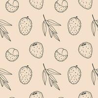 Lychee seamless pattern with tropical fruits hand drawn vector illustration. Repeating background with juicy litchi rambutan, food and drinks. Decorative ornament for print, paper, card, wrapping