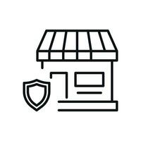 Shield by Store Isolated Line Icon. Perfect for web sites, apps, UI, internet, shops, stores. Simple image drawn with black thin line vector