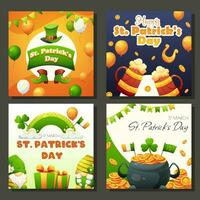 Set of one to one posters for St. Patrick's Day. Cartoon holiday greetings in green, orange and white colors. Vector illustration