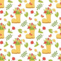 Seamless spring pattern with red and yellow tulips, twigs, butterflies and rubber boot. Vector illustration in cartoon style