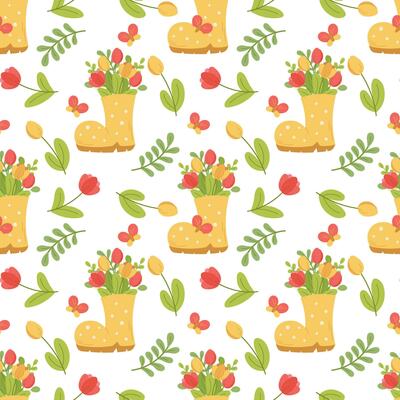 Seamless spring pattern with red and yellow tulips, twigs, butterflies and rubber boot. Vector illustration in cartoon style
