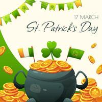 St. Patrick's Day greeting card. Cauldron, gold coins with clover, flag of Ireland. Vector illustration for holiday, event advertisement