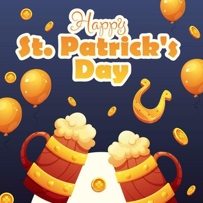 St. Patrick's Day greeting card. Wooden beer mugs, gold coins with four-leaf clover, balloons. Vector illustration for holiday