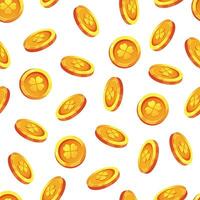 Seamless pattern with white background and gold coins. Falling gold coins with four leaf clover. Vector illustration in cartoon style