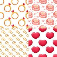 Set of wedding and Valentine's day patterns with hearts, glasses, rings, pink flowers and petals. Vector illustration in cartoon style