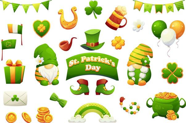 Big set for St. Patrick's Day in cartoon style. Scandinavian gnomes, clover, gold, festive balls and garlands, boots, hat, cauldron with coins, wooden mug with beer