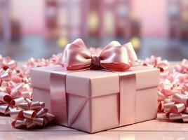 AI generated A 3d rendered box of gift wrapped in pink ribbon photo