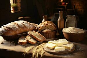 AI generated Bread and wheat on wooden table photo