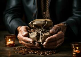 AI generated An old man holding a treasure bag photo