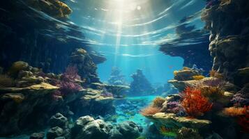 AI generated Dark blue ocean surface seen from underwater photo