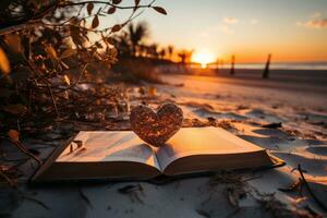 AI generated open book with flying hearts on sunset at beach photo