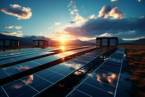 AI generated Solar panels at the sunlight on a blue sky background. photo