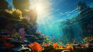 AI generated Dark blue ocean surface seen from underwater photo