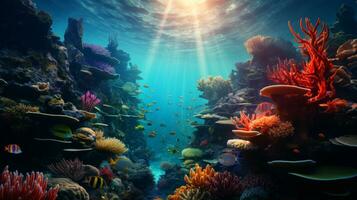 AI generated an underwater view of a coral reef with sun shining through the water photo