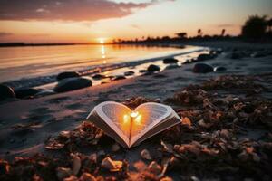 AI generated an open book with a heart shaped paper on beach photo