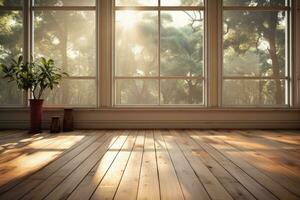 AI generated Wooden floor room at sunset photo