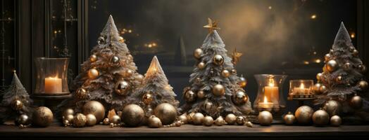 AI generated Golden Christmas trees on a table photo