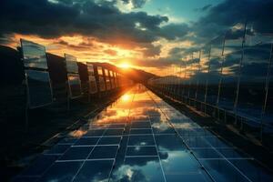 AI generated Solar panel at sunset photo
