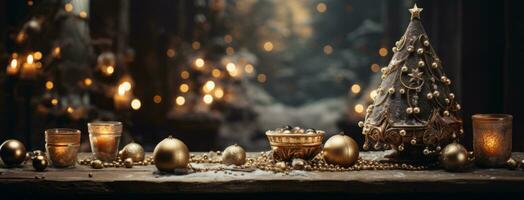 AI generated Christmas trees on wooden table photo
