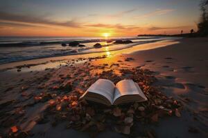 AI generated Reading book at beach sunset photo