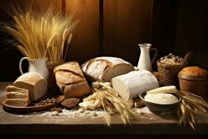 AI generated Delicious fresh bread on wooden background photo