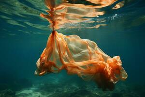 AI generated A plastic bag floating underwater photo