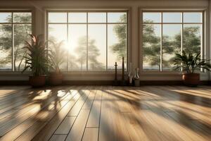 AI generated Wooden floor room at sunset photo