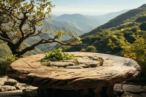AI generated Empty wooden table at top with the mountain landscape photo