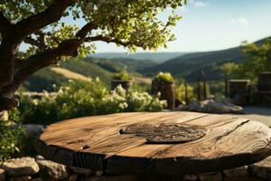 AI generated Wooden table in nature at sunlight photo